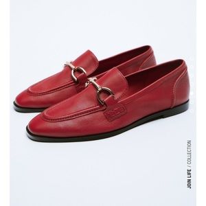 ZARA RED SOFT FLAT LEATHER LOAFERS